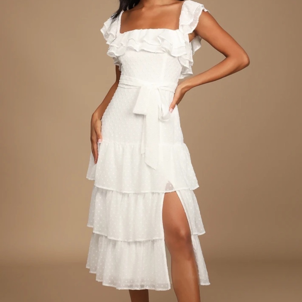 Lulus White Swiss Dot Tiered Ruffled Midi Dress